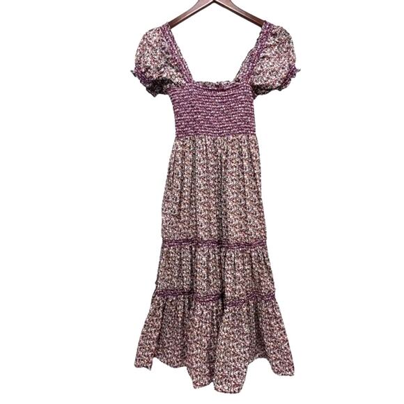 O.P.T Sz S Daphne Tiered Smocked Bodice Pocket Midi Dress Purple Cottagecore - Picture 4 of 12